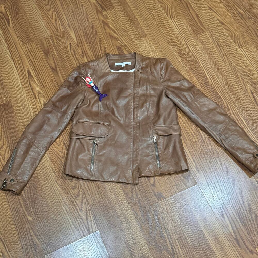 Veronica Beard Brown Leather Moto Jacket Biker Style Women’s Size XS - Picture 9 of 16